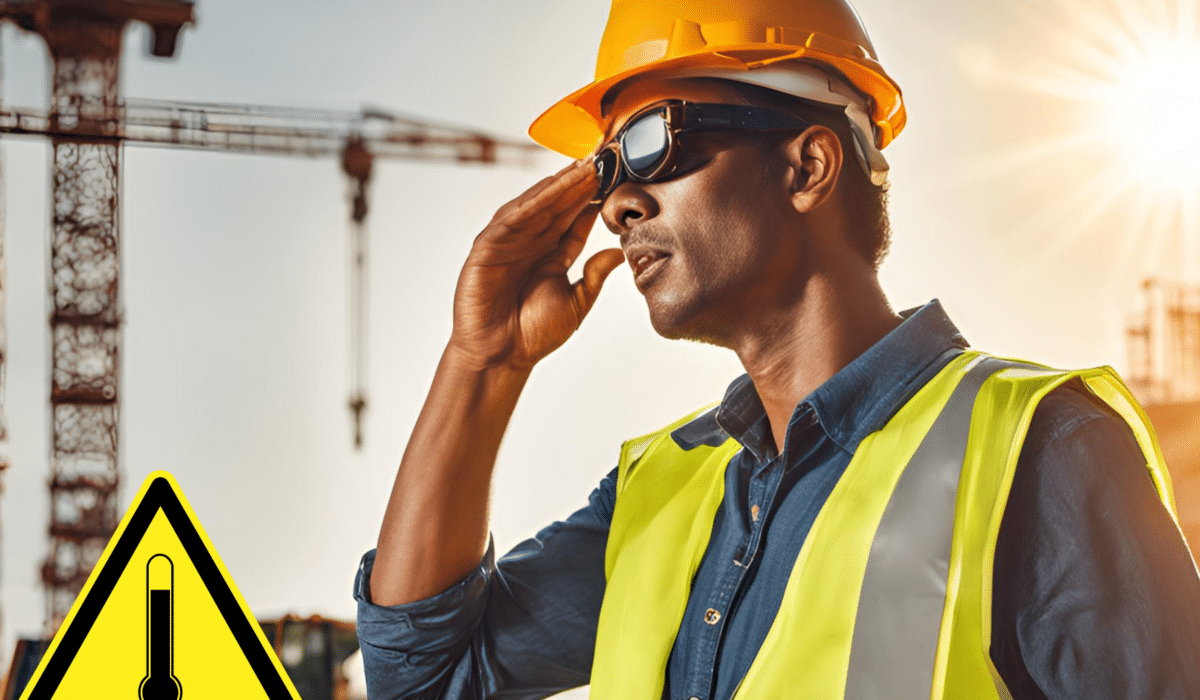 A man on a construction site wearing safety glasses and a safety helmet. He is sweating. The sun shines brightly in the background.