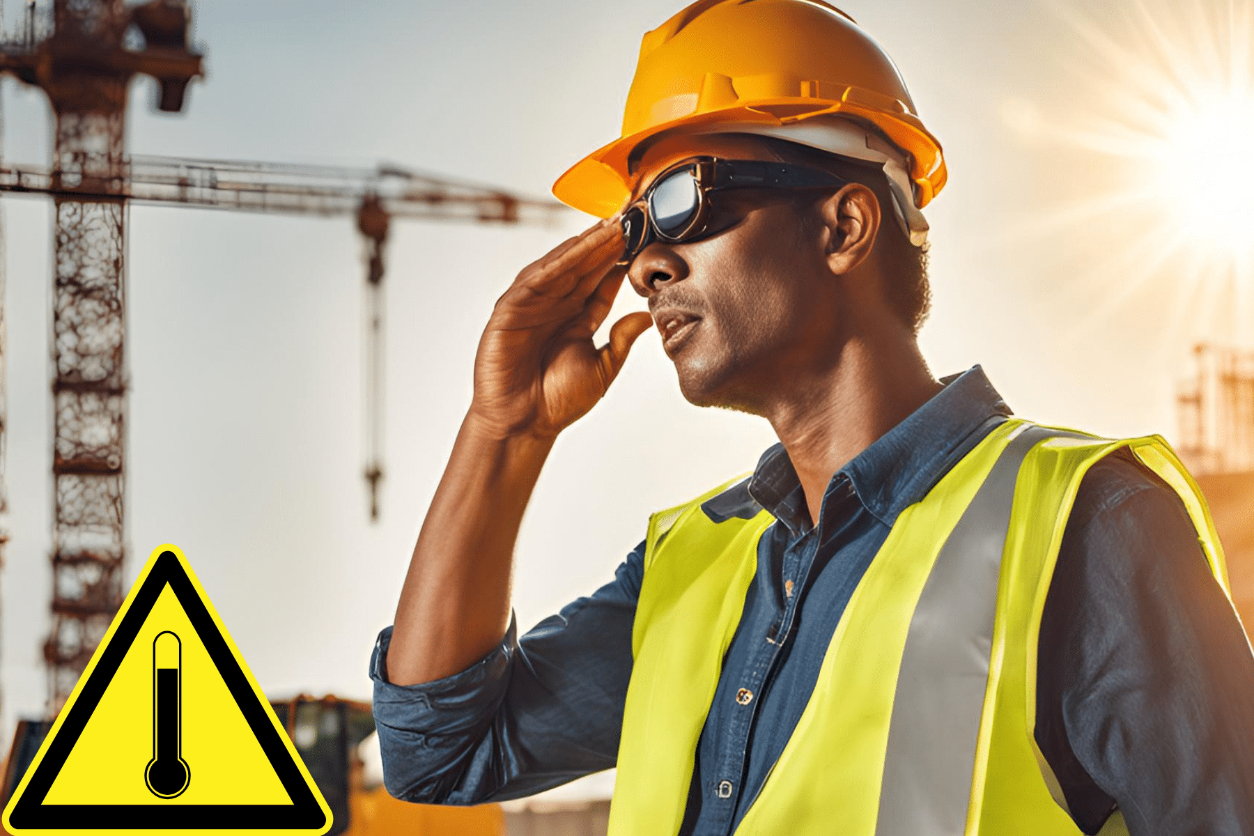 A man on a construction site wearing safety glasses and a safety helmet. He is sweating. The sun shines brightly in the background.
